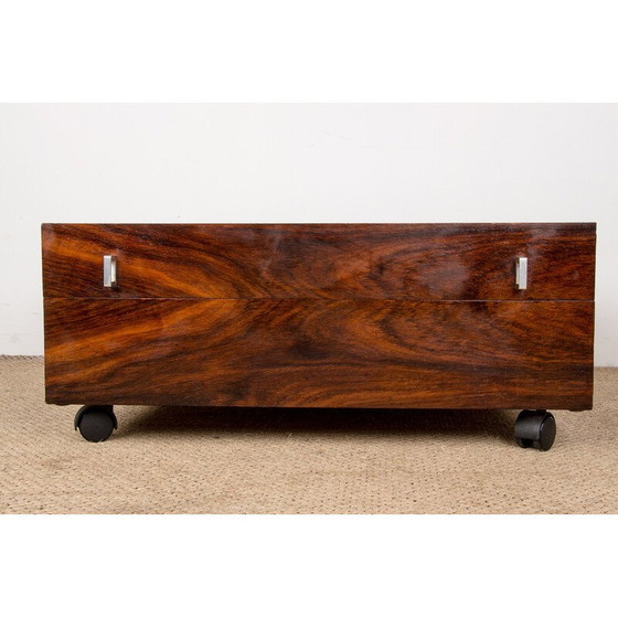 Image 1 of Table basse vintage à roulettes en bois de rose et métal chromé, Danemark 1960