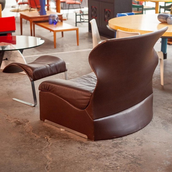 Image 1 of Fauteuils vintage avec ottoman en cuir marron par Giovanni Offredi pour Saporiti, Italie 1970