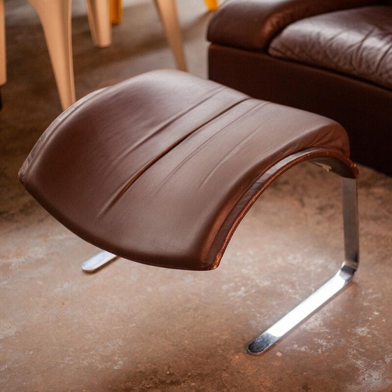 Image 1 of Fauteuils vintage avec ottoman en cuir marron par Giovanni Offredi pour Saporiti, Italie 1970