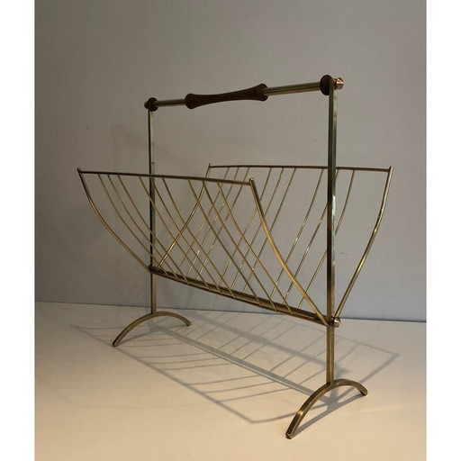 Porte-revues vintage en laiton et bois, 1960