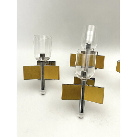 Image 1 of Ensemble de 8 appliques vintage en laiton et chrome pour Sciolari, Italie 1970