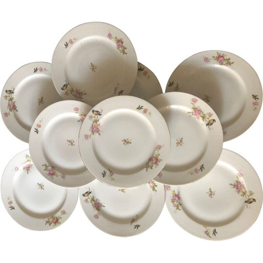 Ensemble de 10 assiettes à oiseaux en porcelaine, 1950