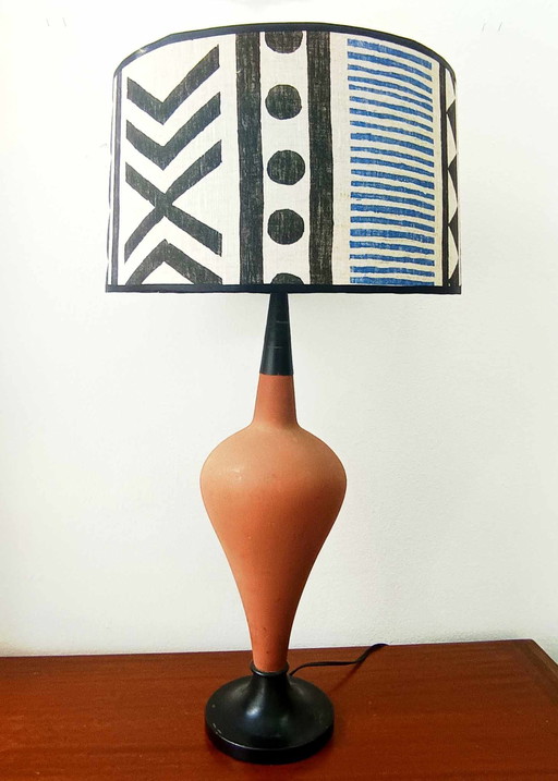 Grande Lampe Terre-Cuite et Abat-Jour Tribal Vintage