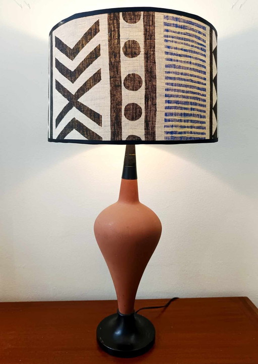 Grande Lampe Terre-Cuite et Abat-Jour Tribal Vintage
