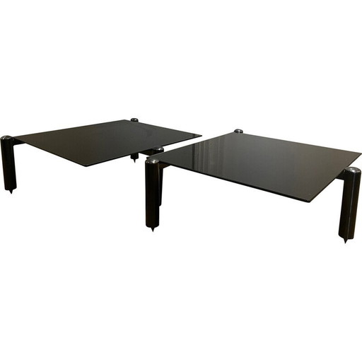 Paire de tables basses vintage en verre et métal noir, 1980