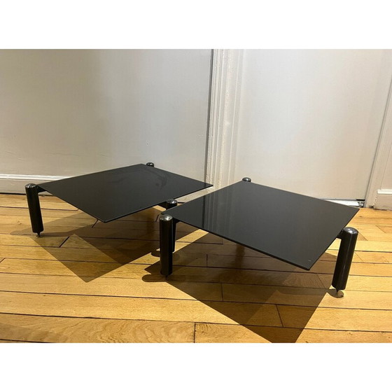 Image 1 of Paire de tables basses vintage en verre et métal noir, 1980