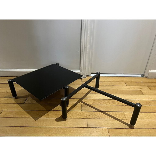 Paire de tables basses vintage en verre et métal noir, 1980