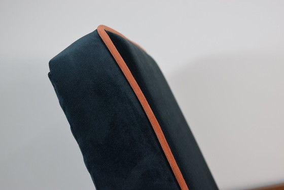 Image 1 of Chaise Compas Restaurée, Tissu Jaune Canari, Fil Orange, Teck, 1960