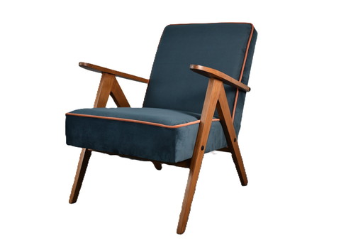 Chaise Compas Restaurée, Tissu Jaune Canari, Fil Orange, Teck, 1960