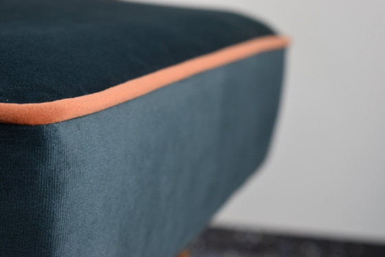 Image 1 of Chaise Compas Restaurée, Tissu Jaune Canari, Fil Orange, Teck, 1960