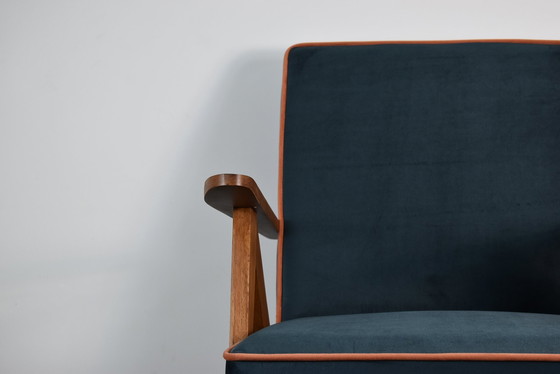 Image 1 of Chaise Compas Restaurée, Tissu Jaune Canari, Fil Orange, Teck, 1960