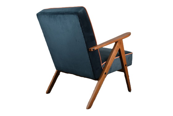 Image 1 of Chaise Compas Restaurée, Tissu Jaune Canari, Fil Orange, Teck, 1960