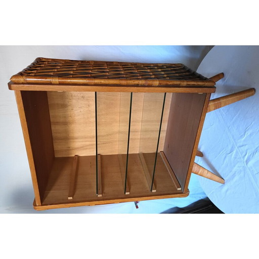 Bibliothèque vintage en bois, bambou, rotin et verre, années 1950