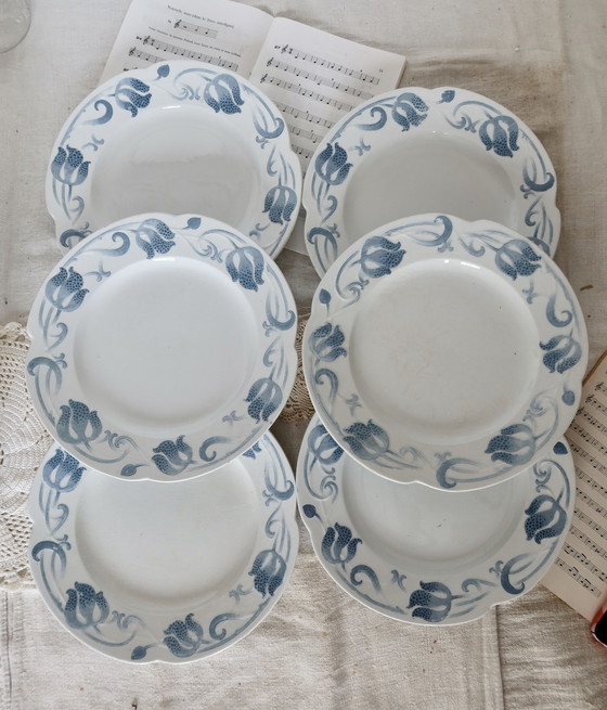 Image 1 of 6xAssiettes Plates Faïence Sarreguemines Style Art Nouveau