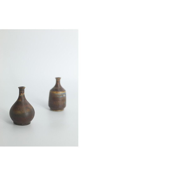Image 1 of Ensemble de 4 vases vintage en grès brun par Gunnar Borg pour Höganäs Ceramics, Suède 1960