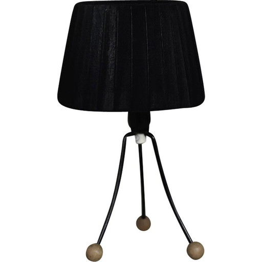 Lampe de table vintage en métal teinté noir et bois massif, Pologne 1960