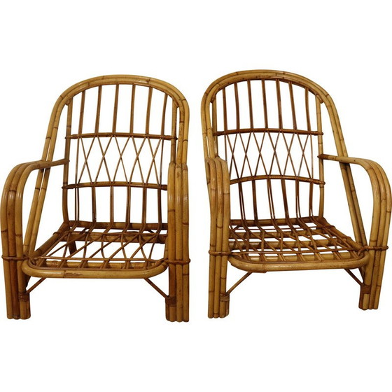 Image 1 of Paire de fauteuils en rotin vintage par Audoux Minnet, 1960
