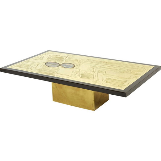Table basse vintage belge en laiton gravé et agate par Christian Krekels, 1979