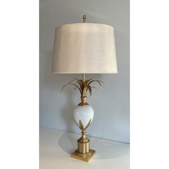 Image 1 of Lampe vintage à œuf d'autruche en opaline blanche et nickel doré, 1970