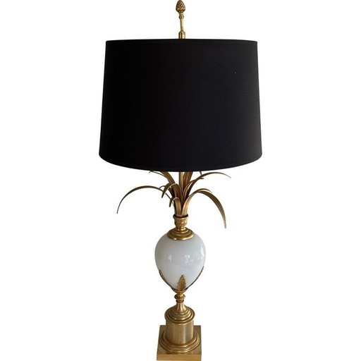 Lampe vintage à œuf d'autruche en opaline blanche et nickel doré, 1970