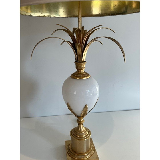 Image 1 of Lampe vintage à œuf d'autruche en opaline blanche et nickel doré, 1970