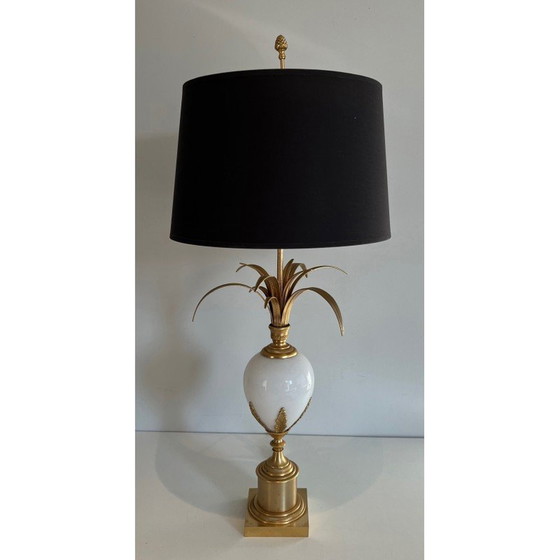 Image 1 of Lampe vintage à œuf d'autruche en opaline blanche et nickel doré, 1970