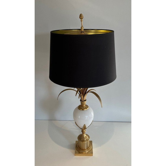 Image 1 of Lampe vintage à œuf d'autruche en opaline blanche et nickel doré, 1970