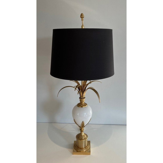 Image 1 of Lampe vintage à œuf d'autruche en opaline blanche et nickel doré, 1970