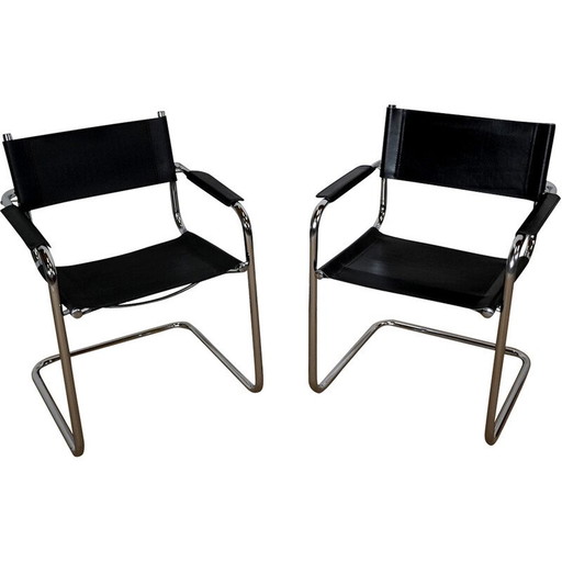 Paire de fauteuils vintage en métal chromé avec assise et dossier en cuir noir par Marcel Breuer, Hongrie, années 1970