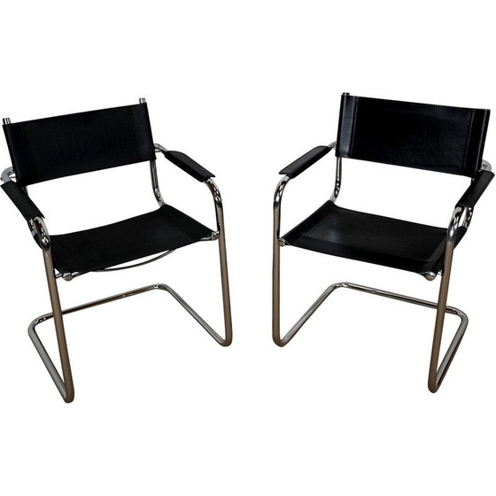 Image 1 of Paire de fauteuils vintage en métal chromé avec assise et dossier en cuir noir par Marcel Breuer, Hongrie, années 1970