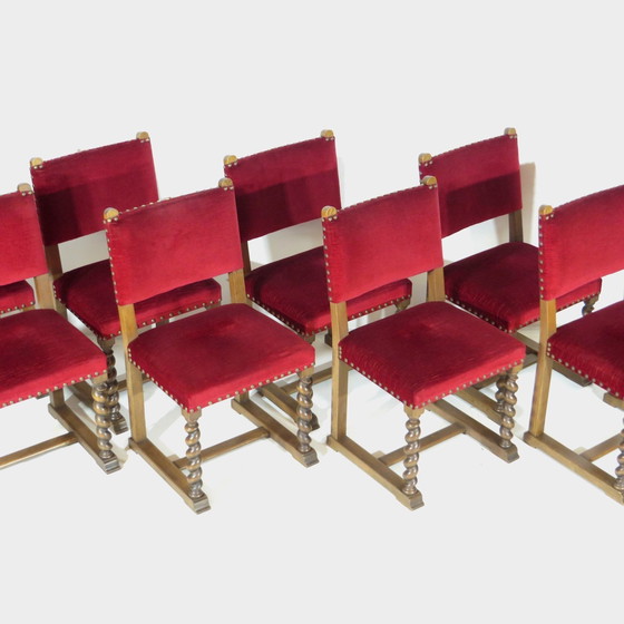 Image 1 of 8X chaises de salle à manger anciennes en chêne Barley Twist en velours rouge, 19e siècle