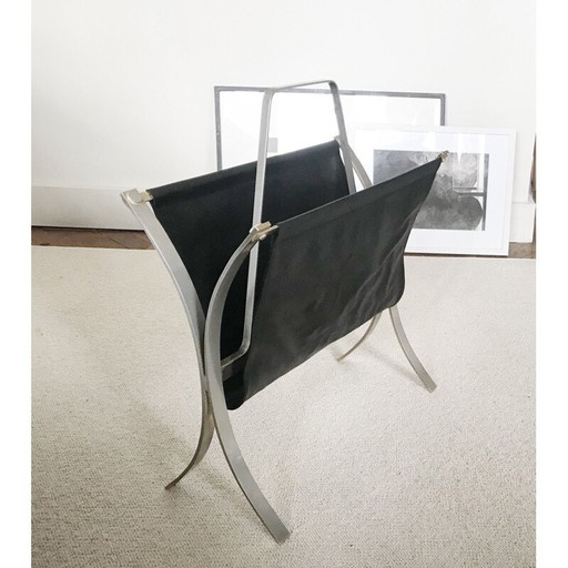 Porte-revues noir vintage en métal imitation cuir, France 1970