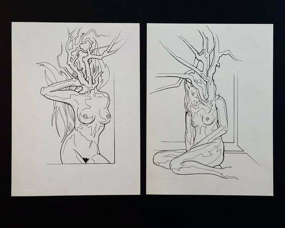Ensemble de 2 œuvres d'art surréalistes. 1981. Eugène Eechaut (1928-2019) – Peintures et dessins, Paper