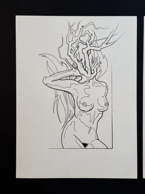 Ensemble de 2 œuvres d'art surréalistes. 1981. Eugène Eechaut (1928-2019) – Peintures et dessins, Paper (photo 2 of 19)