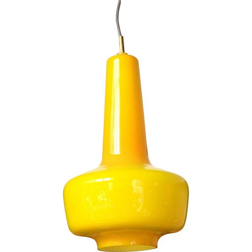 Lampe suspendue vintage Kreta en verre jaune et blanc par Jacob Bang pour Fog et Morup, 1960