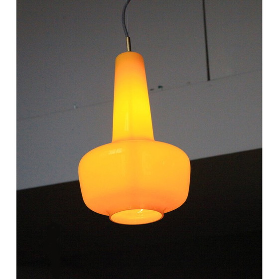 Image 1 of Lampe suspendue vintage Kreta en verre jaune et blanc par Jacob Bang pour Fog et Morup, 1960