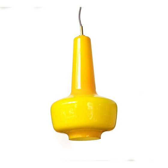 Image 1 of Lampe suspendue vintage Kreta en verre jaune et blanc par Jacob Bang pour Fog et Morup, 1960