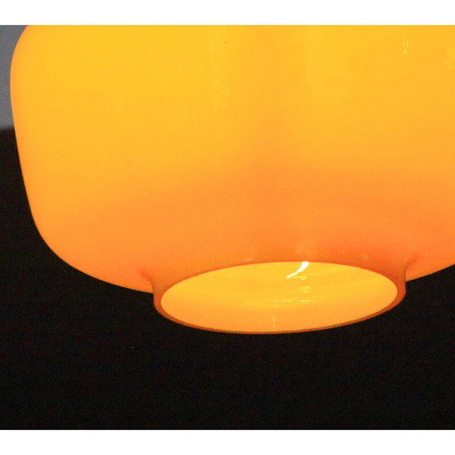 Lampe suspendue vintage Kreta en verre jaune et blanc par Jacob Bang pour Fog et Morup, 1960