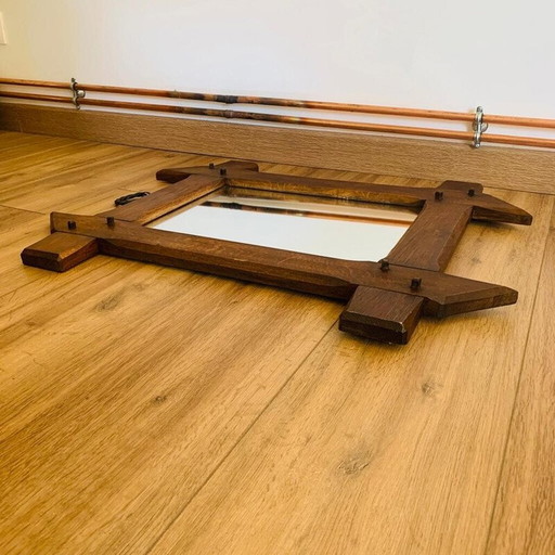 Miroir vintage brutaliste avec cadre en chêne massif