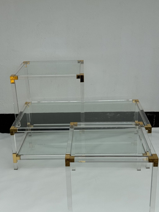 Trio de tables en lucite et verre Hollywood Regency