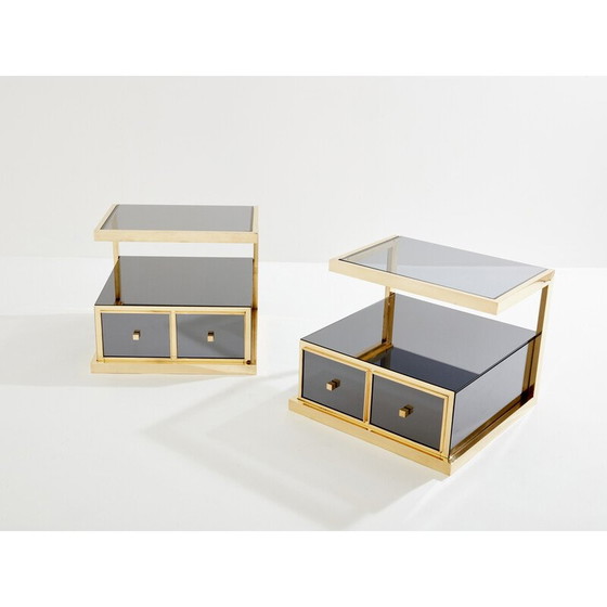 Image 1 of Paire de tables de chevet vintage en laiton et miroir fumé par Michel Pigneres, 1970