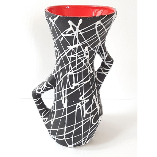 Vase vintage en céramique noir et blanc, France 1950