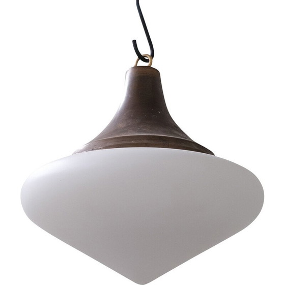 Image 1 of Lampe suspendue vintage en verre opalin mat, France 1950