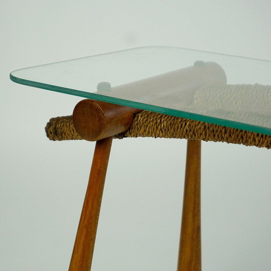 Image 1 of Table d'appoint en hêtre du milieu du siècle avec cordon et plateau en verre par Max Kment autrichien années 1950