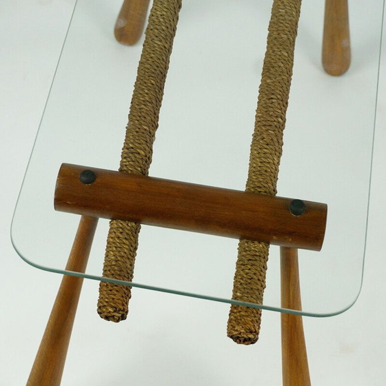 Image 1 of Table d'appoint en hêtre du milieu du siècle avec cordon et plateau en verre par Max Kment autrichien années 1950