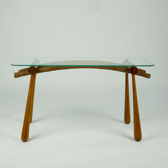 Image 1 of Table d'appoint en hêtre du milieu du siècle avec cordon et plateau en verre par Max Kment autrichien années 1950