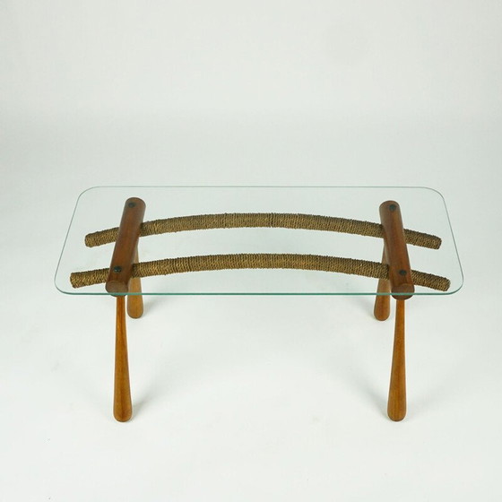Image 1 of Table d'appoint en hêtre du milieu du siècle avec cordon et plateau en verre par Max Kment autrichien années 1950