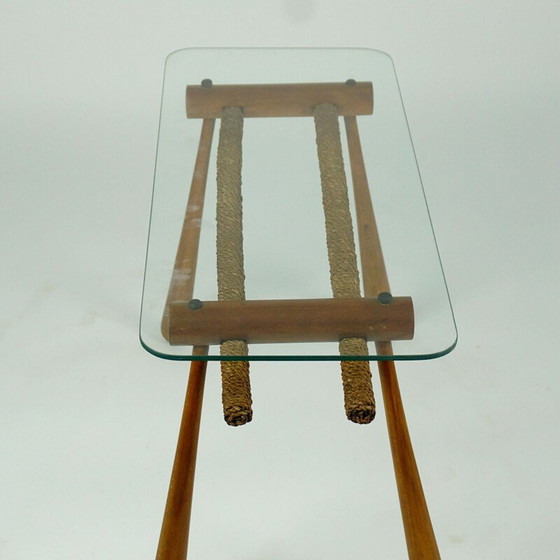 Image 1 of Table d'appoint en hêtre du milieu du siècle avec cordon et plateau en verre par Max Kment autrichien années 1950