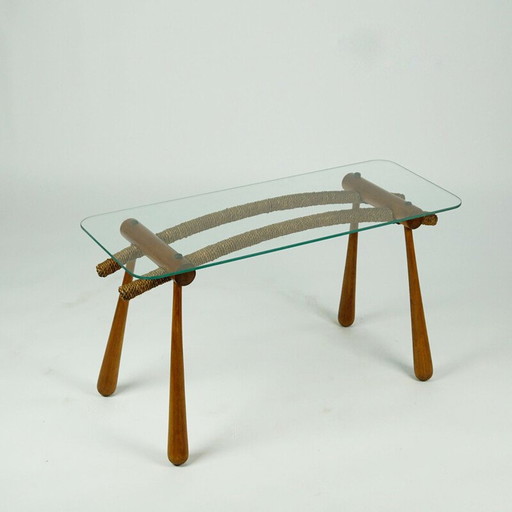 Table d'appoint en hêtre du milieu du siècle avec cordon et plateau en verre par Max Kment autrichien années 1950