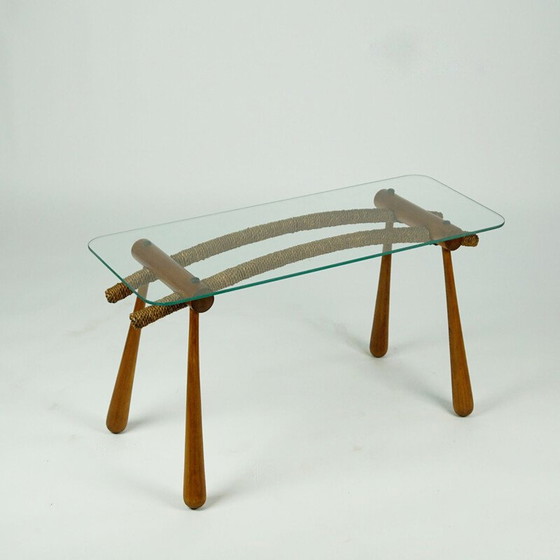 Image 1 of Table d'appoint en hêtre du milieu du siècle avec cordon et plateau en verre par Max Kment autrichien années 1950